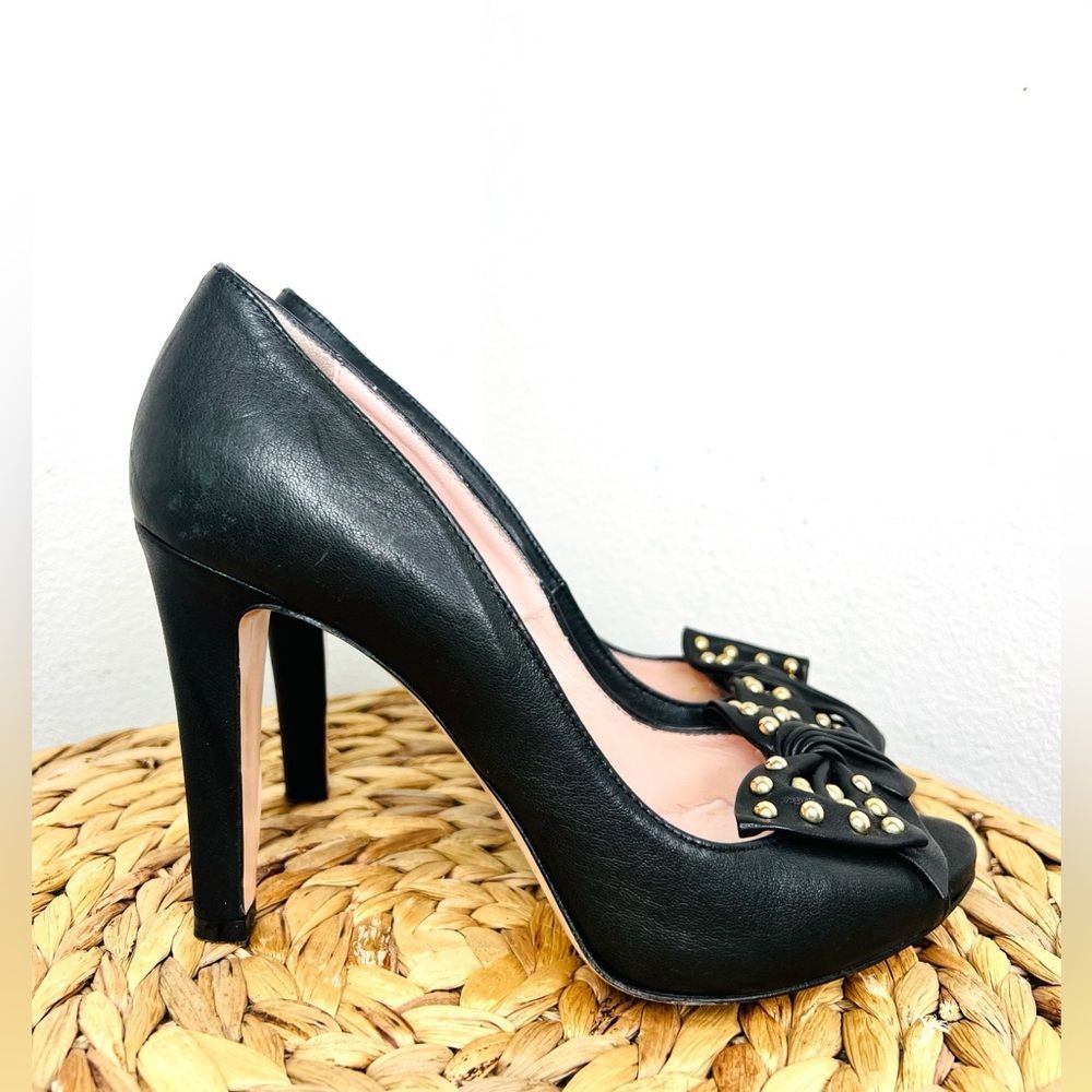 RED VALENTINO Heels Black Leather Peep Toe Pumps Gold Studded Bow Heeled Shoes